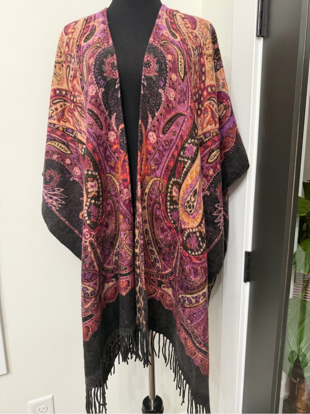 Women's Reversible Paisley and Animal Print Fringe Shawl Poncho - Pink and Black